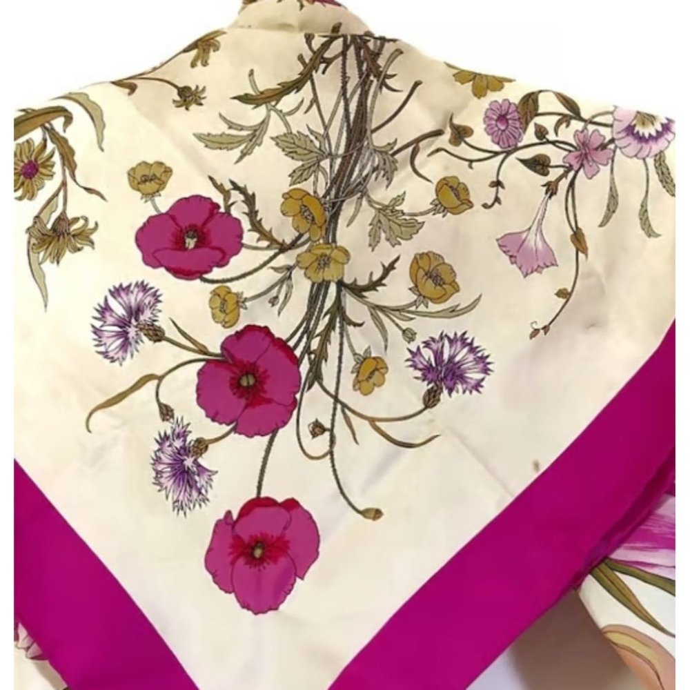 LA-Vintage Gucci Silk Scarf Purple Green and Yellow Floral Print